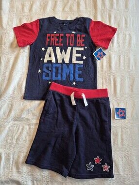 Boys matching 5T short & short sleeve shirt set, Navy with red accents NWT